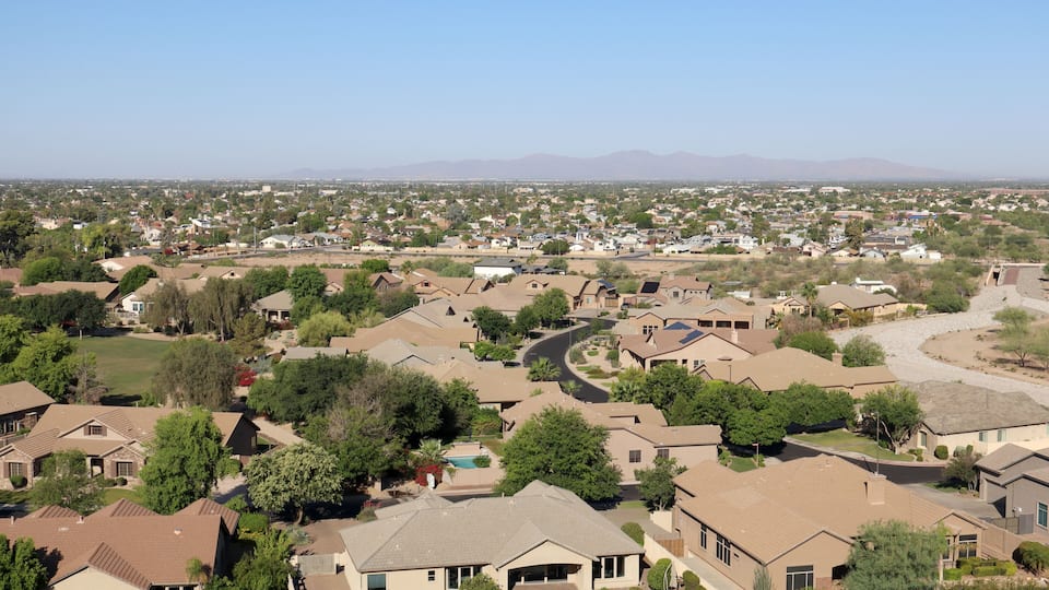 Aerial view of Vision Hills and North-West valley of the Sun next to the Loop-101 highway, Phoenix, Arizona