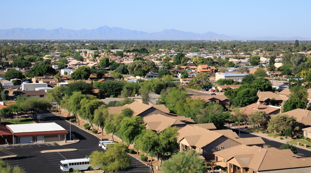 Aerial view of South mountain range, Phoenix downtown, Glendale and Peoria also known as Valley of the Sun, from the top of Vision Hills, Arizona