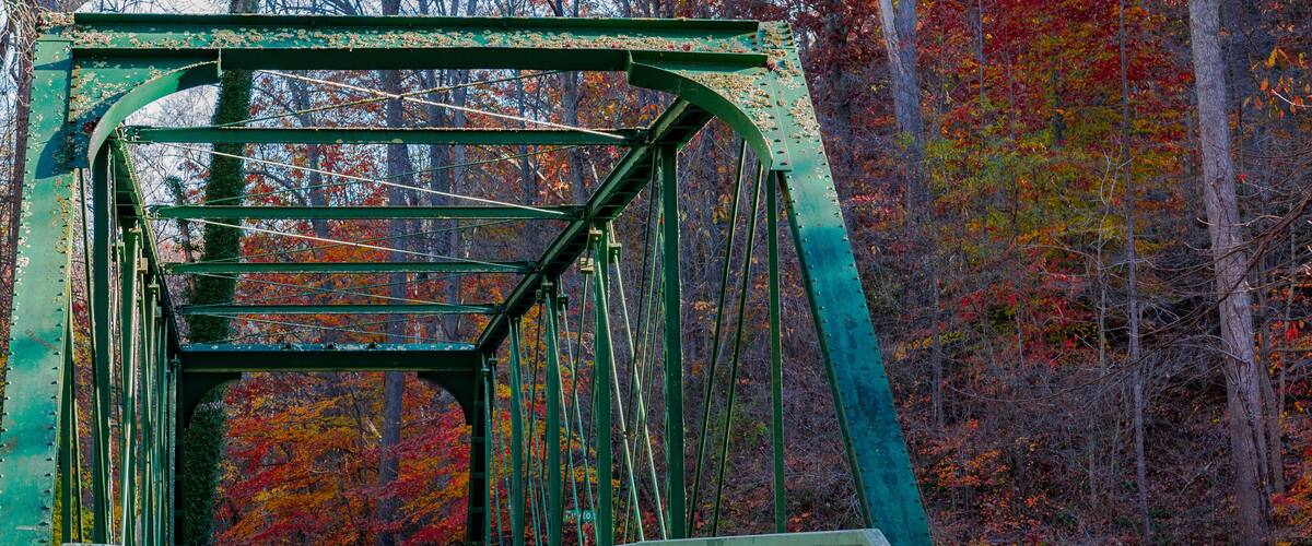 A green metal bridge with a road, surrounded by autumn-colored trees.