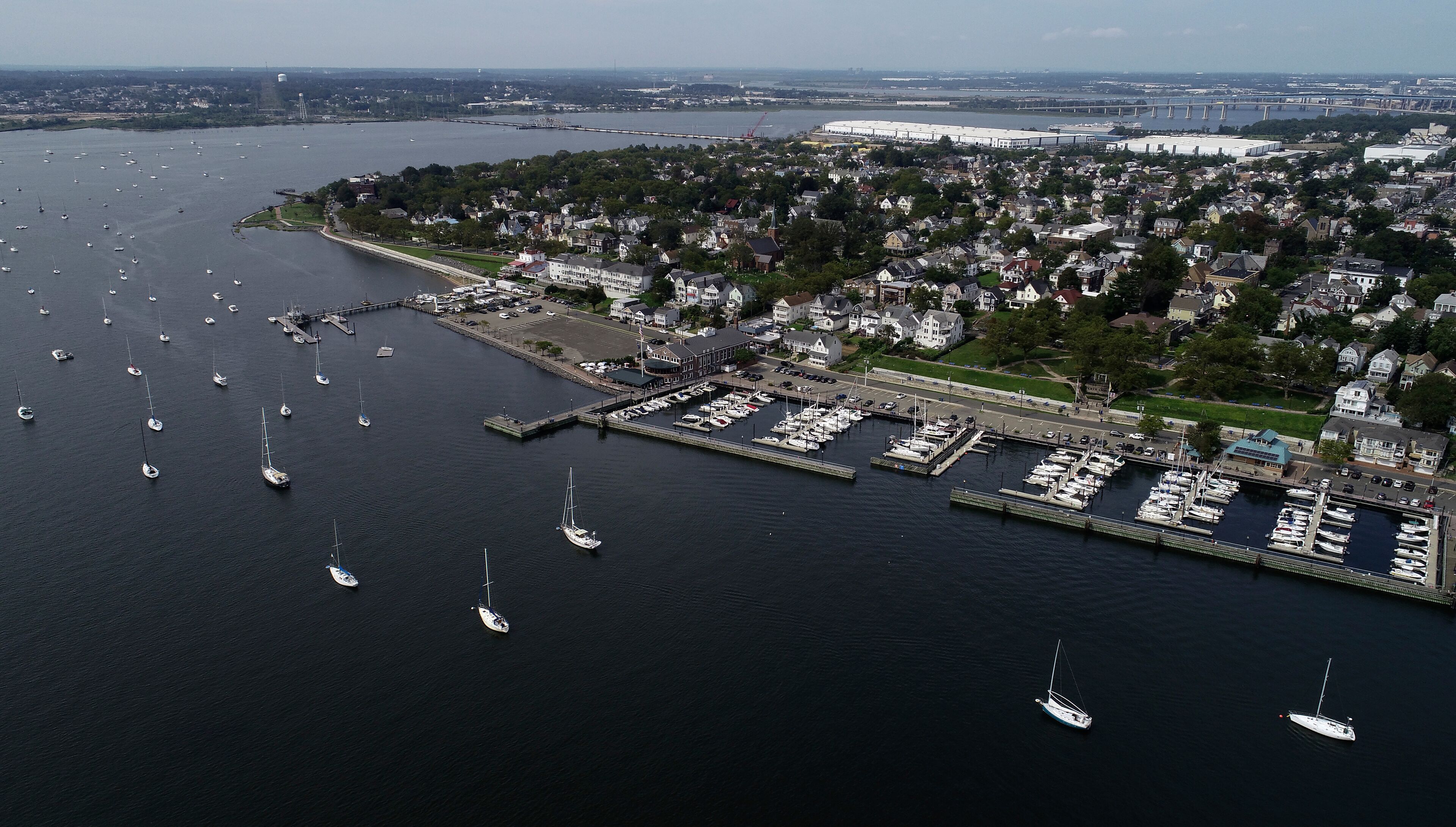 Aerial view of boats lined up at the Perth Amboy Waterfront Marina