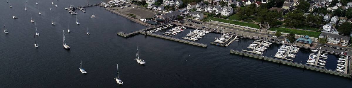 Aerial view of boats lined up at the Perth Amboy Waterfront Marina