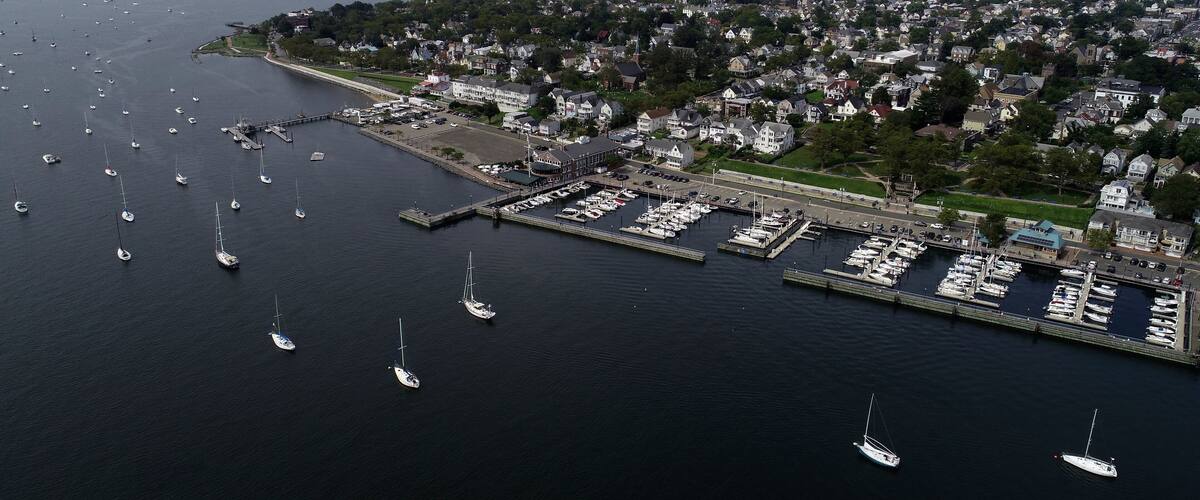 Aerial view of boats lined up at the Perth Amboy Waterfront Marina