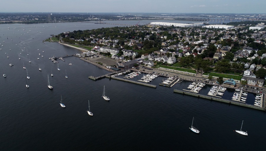 Aerial view of boats lined up at the Perth Amboy Waterfront Marina