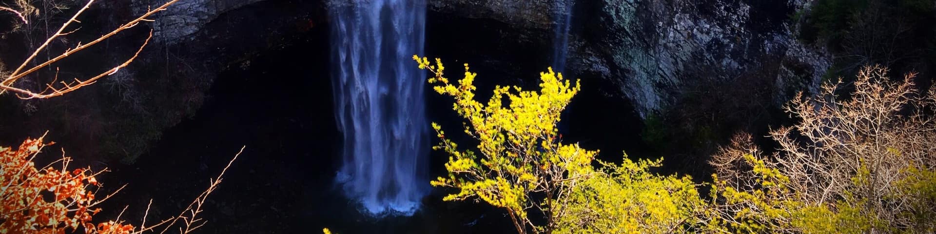 A waterfall cascading into a dark pool surrounded by dense forest and rocky cliffs.