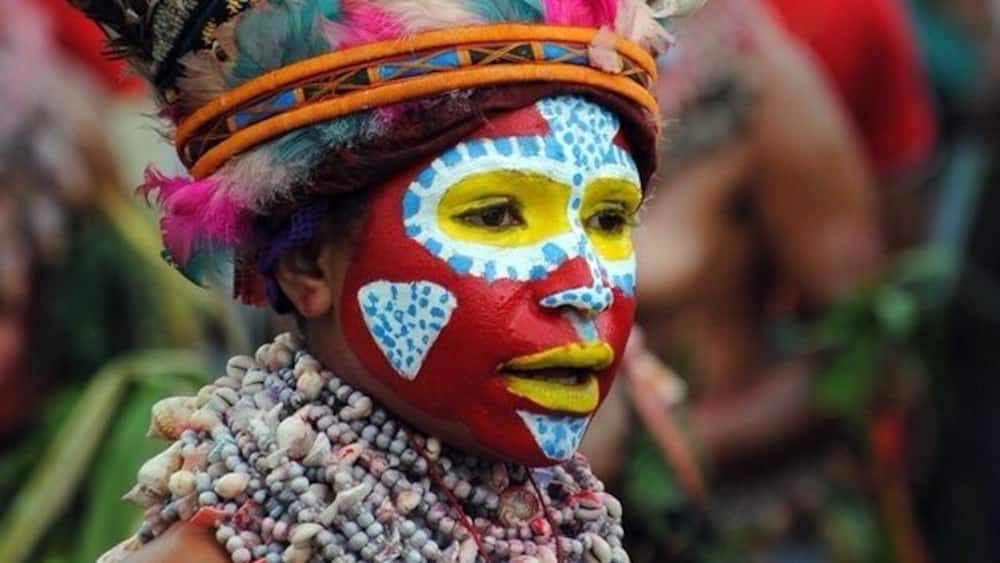At the annual Sing Sing. The head dresses are made "on the day" composed of feathers from local birds. Each tribe paints their face with a distinctive design.
Jewellery is local shells and nuts.