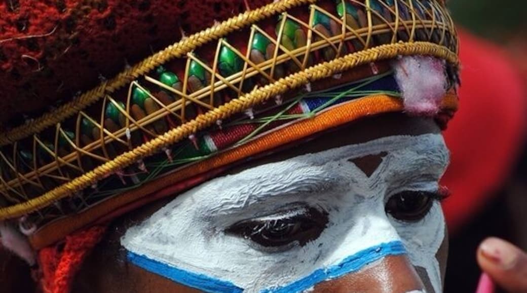 Imagine trying to put on your makeup with such a tiny mirror!
The annual Sing-Sing in Mt. Hagen attracts 50-100 tribes from the highlands. They arrive early morning and spend a couple hours putting on makeup, creating their head dresses (from stratch, on the day), and gladly posing for pictures before the show starts in the afternoon. Upon entering the Sing-Sing, they will play drums, chant their tribes songs and parade around the grounds.
The intricate head dresses, tribal jewellery and colorful costumes show how talented they really are.
The Sing-Sing is usually every August. Tickets and hotel accommodation well in advance.
If you are travelling to PNG this is a must!