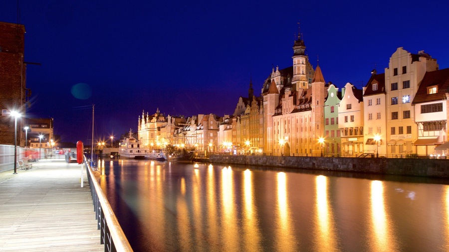 Gdansk som viser nattbilder, elv eller bekk og by