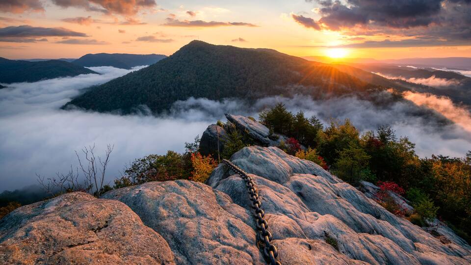 Scenic autumn sunrise over Chained Rock State Park in Kentucky