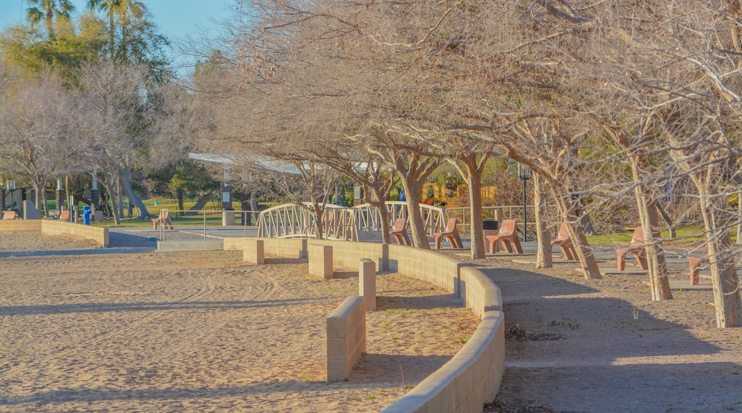 A walkway and beach along the Colorado River at the Rotary Community Park in Lake Havasu City, Arizona USA