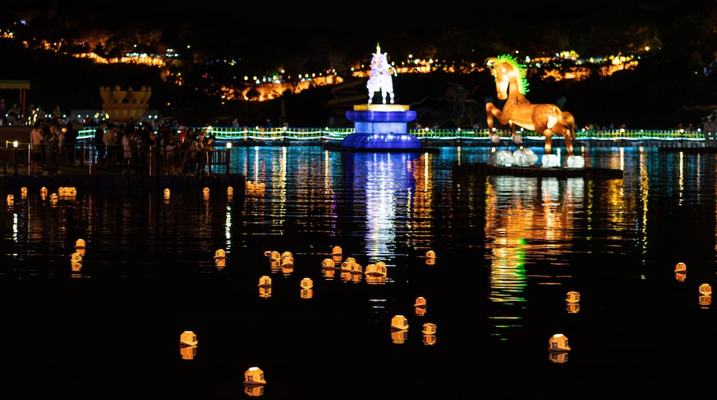 Jinju Namgang Yudeung or lanterns festival with traditional lanterns illuminated at night floating on Nam river Jinju South Korea