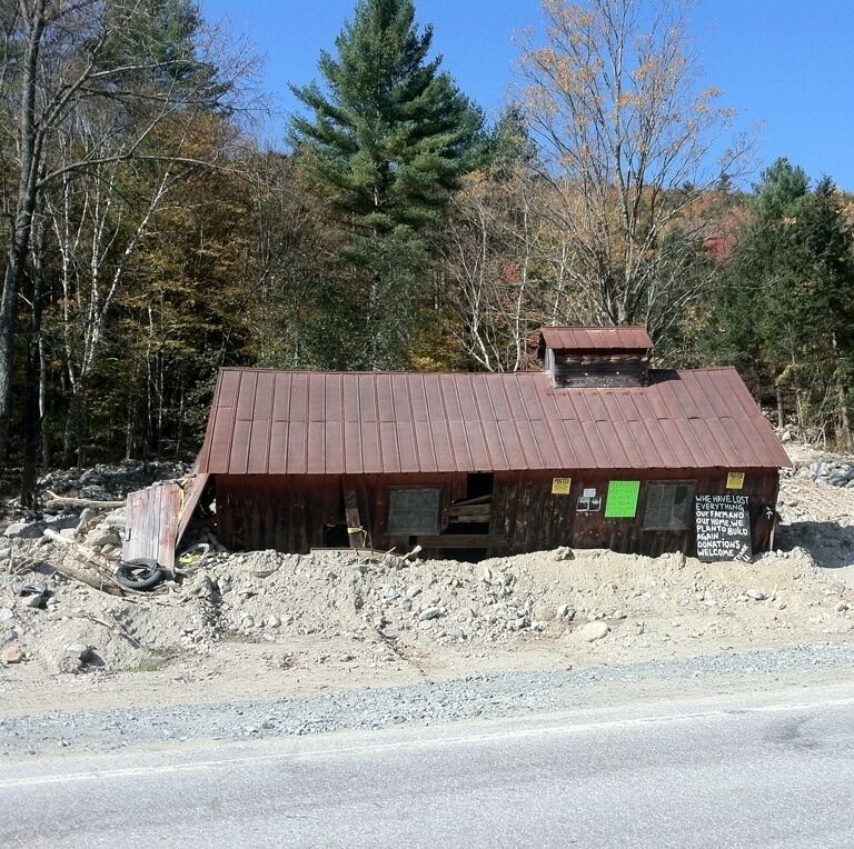 This is a displaced business that when hurricane Irene hit, the rain water moved this whole building down the mountain. Vermont was hit pretty hard, this is mild compared to some other areas. 