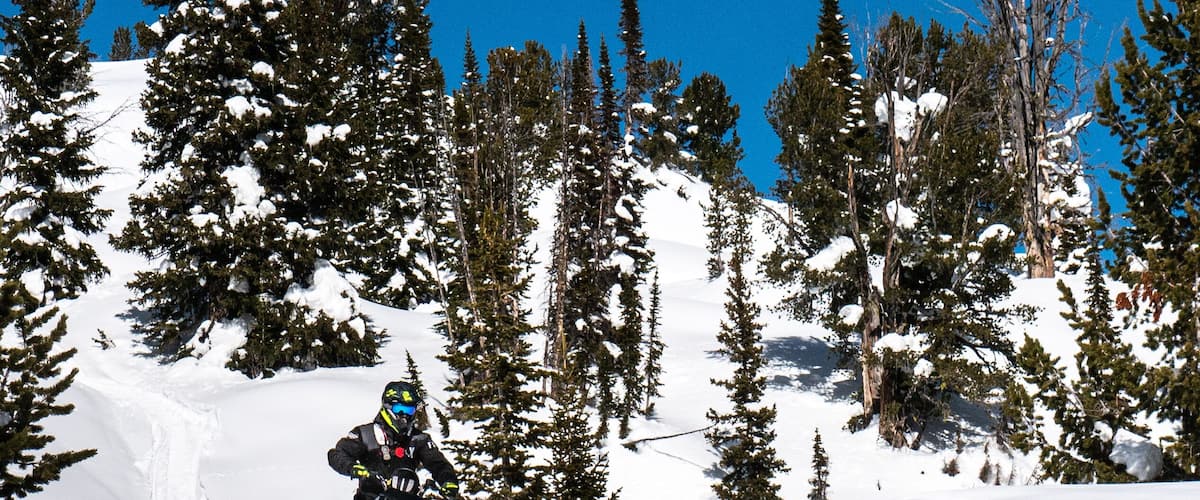 A snowmobile rider navigating a snow-covered terrain with trees in the background.