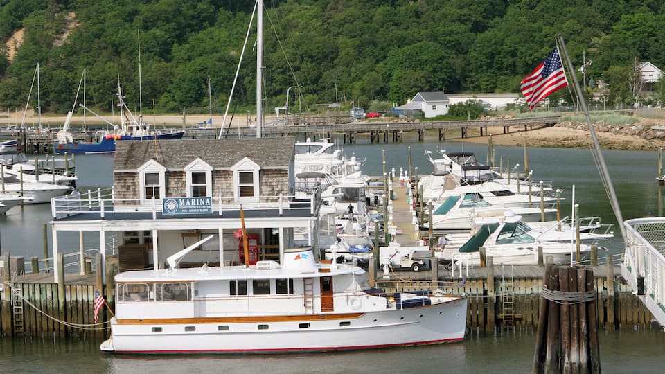 A marina with docked boats, a wooden pier, and a forested hill in the background.