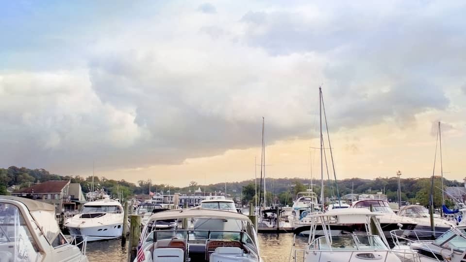 A marina with multiple boats docked, a cloudy sky, and a forested hill in the background.
