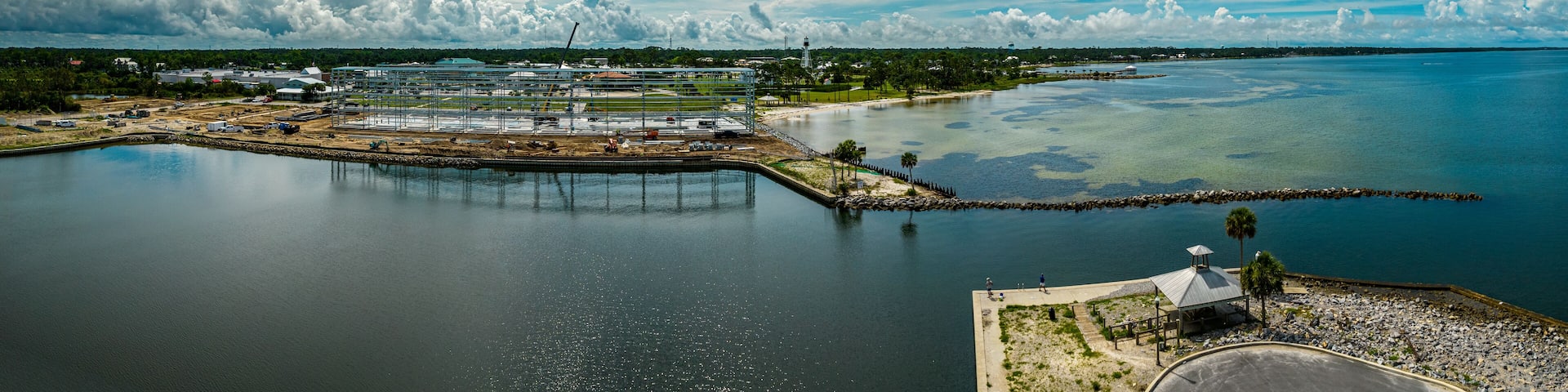 Aerial panorama of new marina being built Port St. Joe Florida