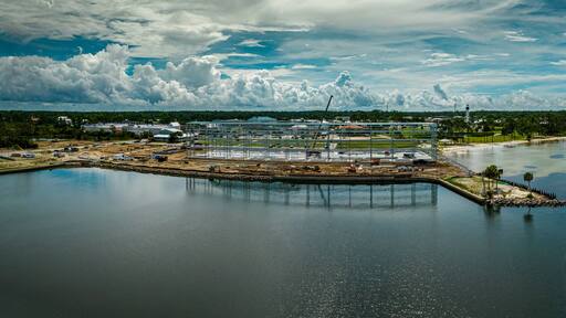 Aerial panorama of new marina being built Port St. Joe Florida