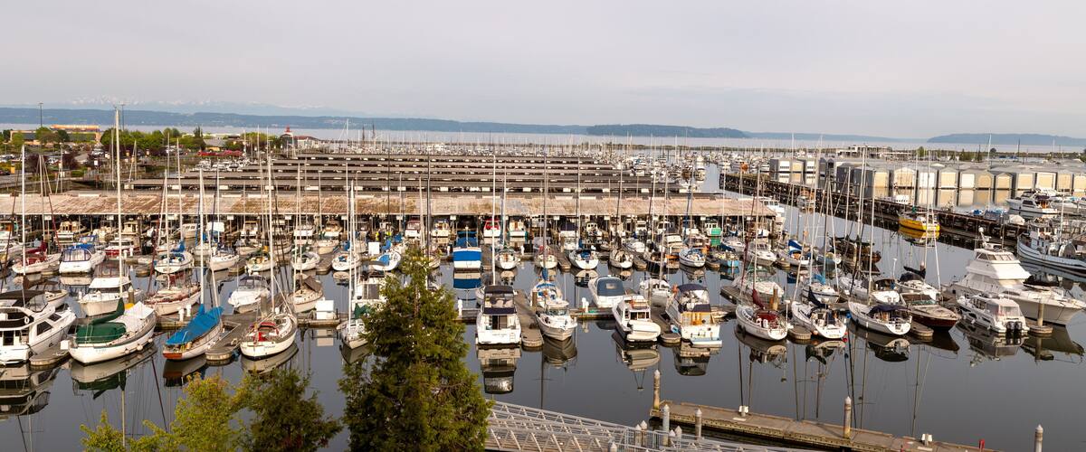 A marina filled with various boats docked at the pier.