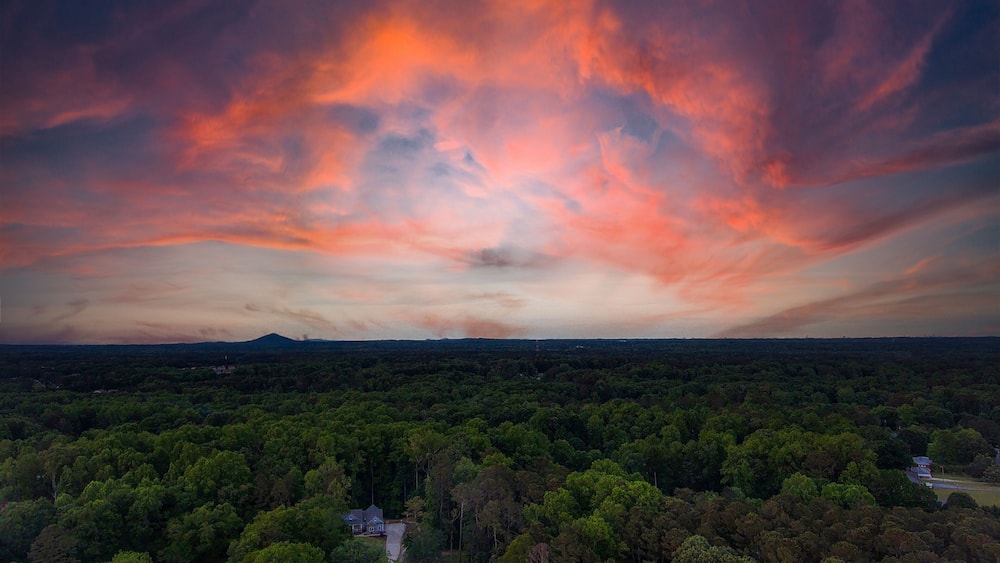 A forested landscape with a house and a mountain in the distance under a colorful sky.