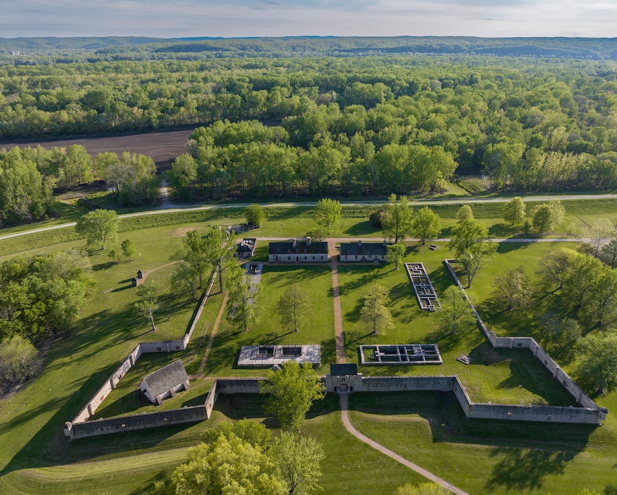 Aerial view of Fort de Chartres, Prairie du Rocher, Illinois, United States.