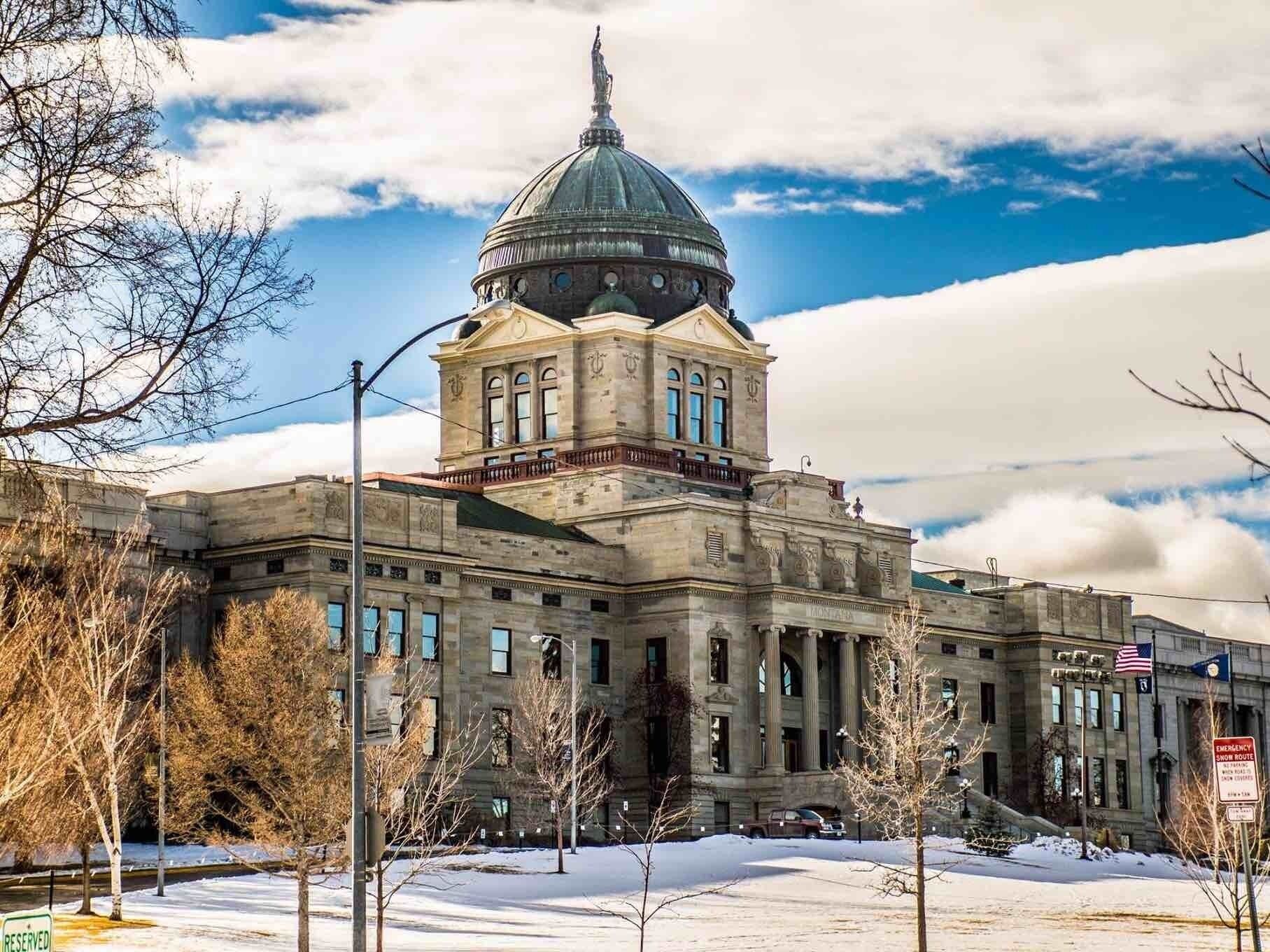 A large, historic building with a prominent dome and columns, surrounded by snow and leafless trees.
