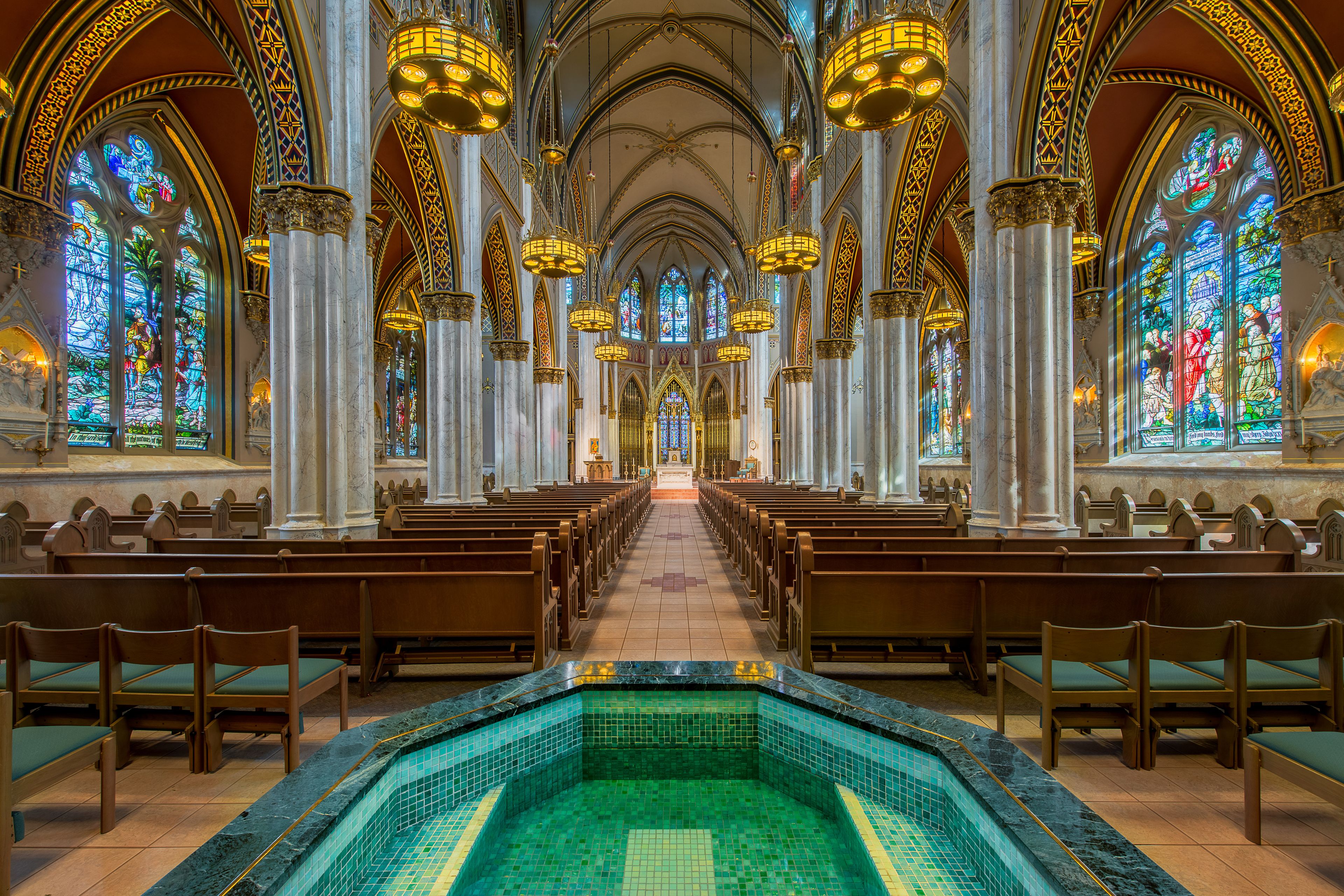 Baptismal and interior of the Cathedral of St Helena in Helena, Montana