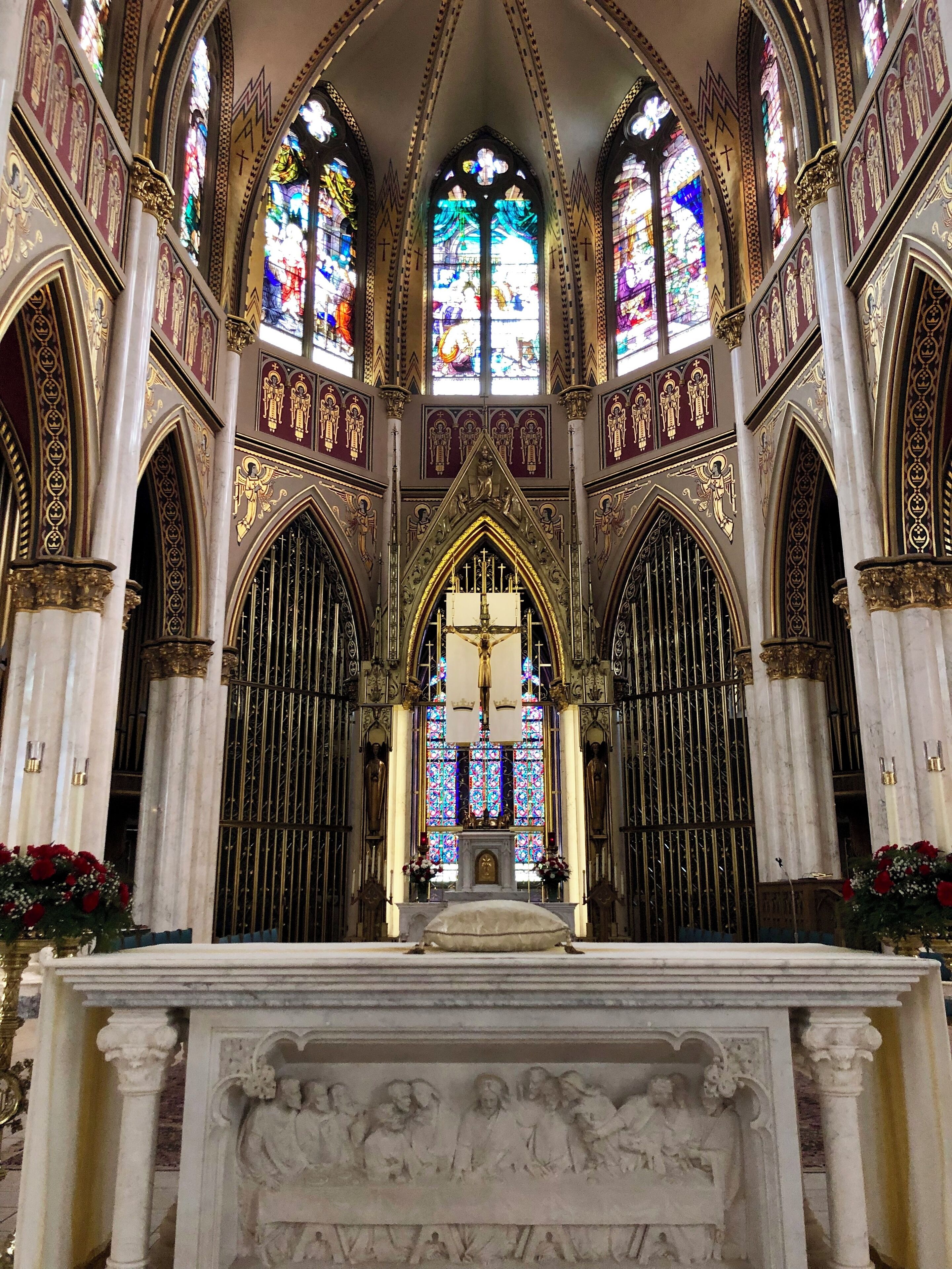 The stained glass windows for the Cathedral were made and installed by the F.X. Zettler Firm of Munich, Bavaria. At the time of the dedication of the Cathedral forty six of the fifty nine windows had been installed. The Zettler Firm claimed that the thirty seven windows of the set that tell the story from the fall of Adam and Eve to the Church in the early years of the 20th Century, surpassed any windows made by the firm in the first 50 years of its existence. The remaining windows in the clerestory level were installed by 1926.