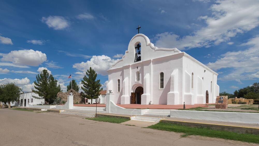 Exterior of the San Elizario Presidio Chapel mission in San Elizario, Texas