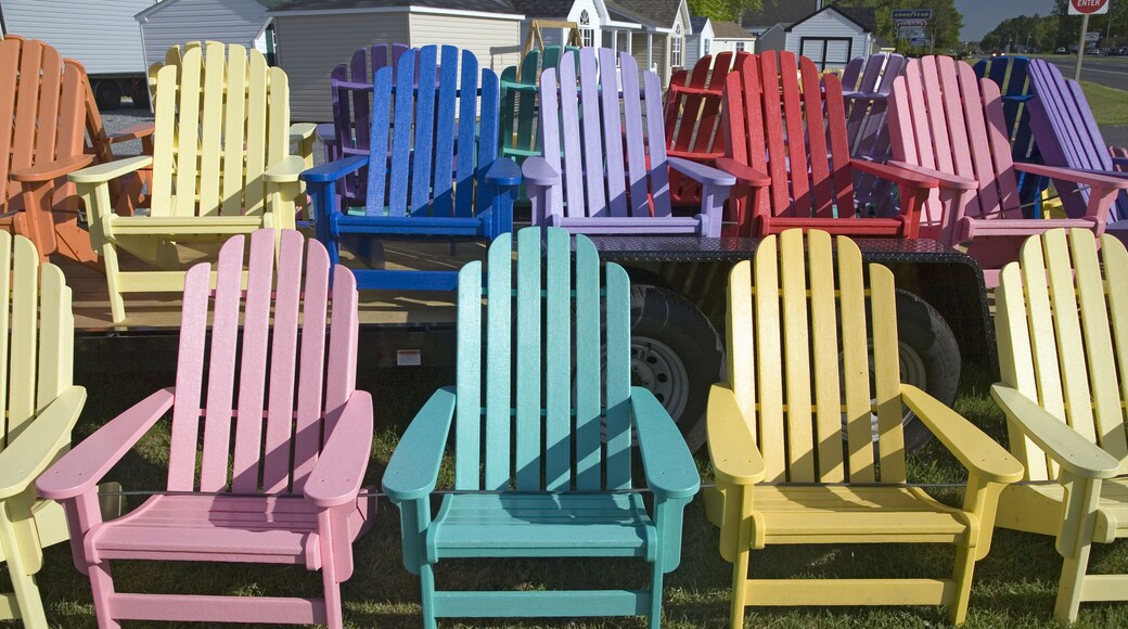 Rainbow colored wooden chairs, known as Maine Chairs, standing in a row outside on the Eastern Shore, Maryland
