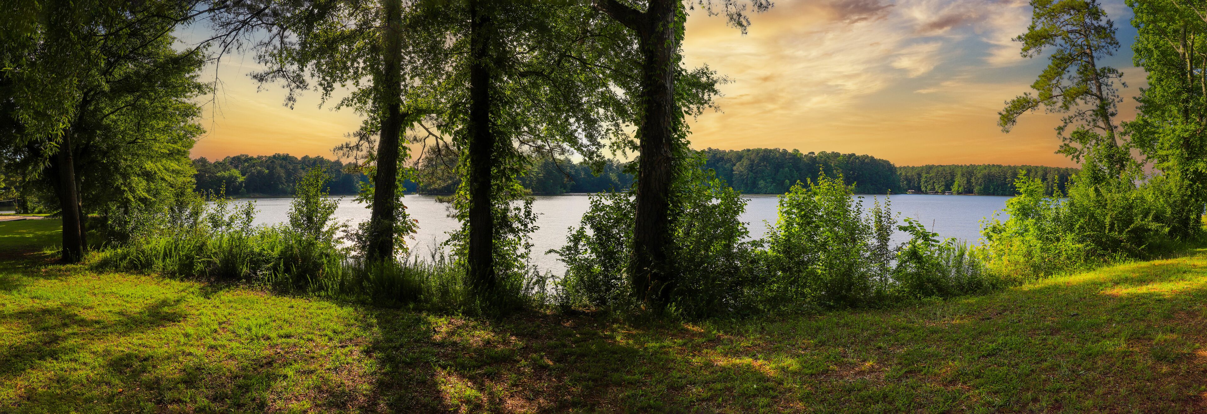 A lake surrounded by trees and grassy areas.