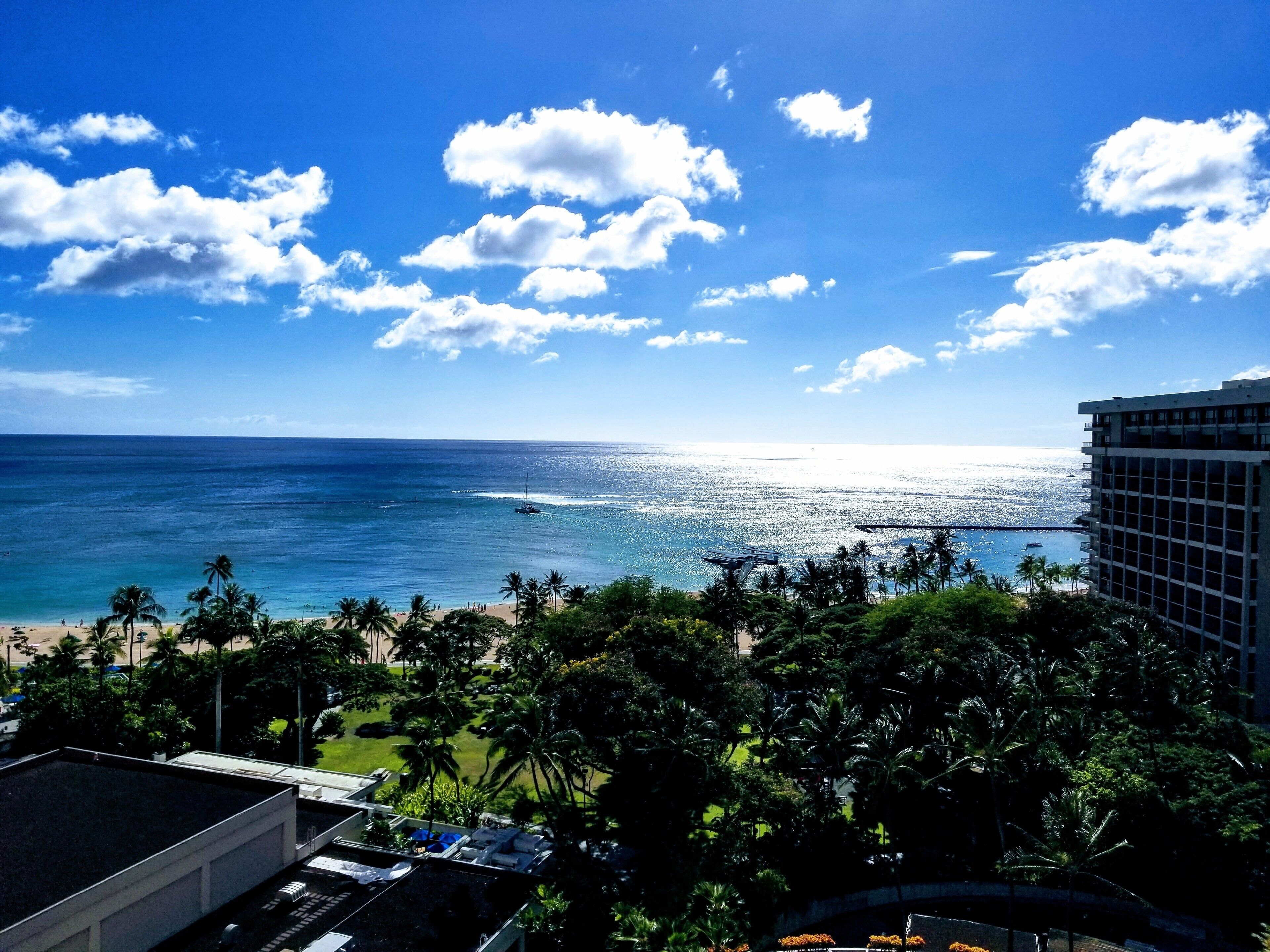 View of Waikiki Beach from the balcony at the Hale Koa Hotel.