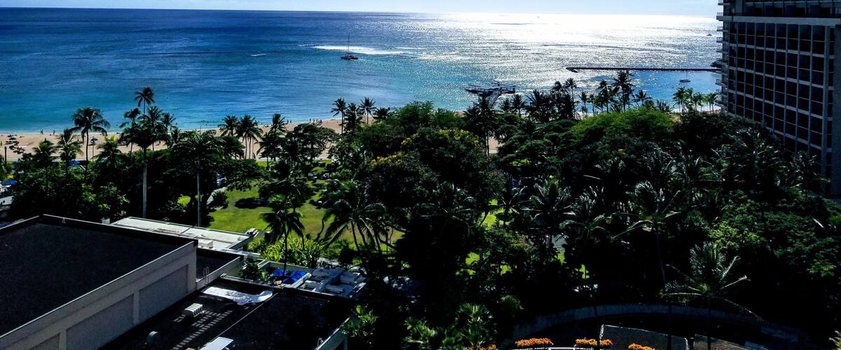 View of Waikiki Beach from the balcony at the Hale Koa Hotel.