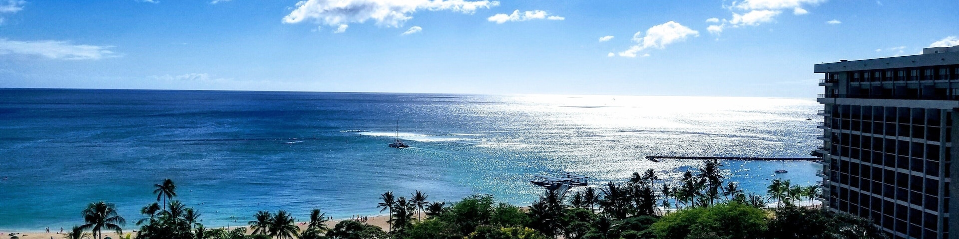 View of Waikiki Beach from the balcony at the Hale Koa Hotel.