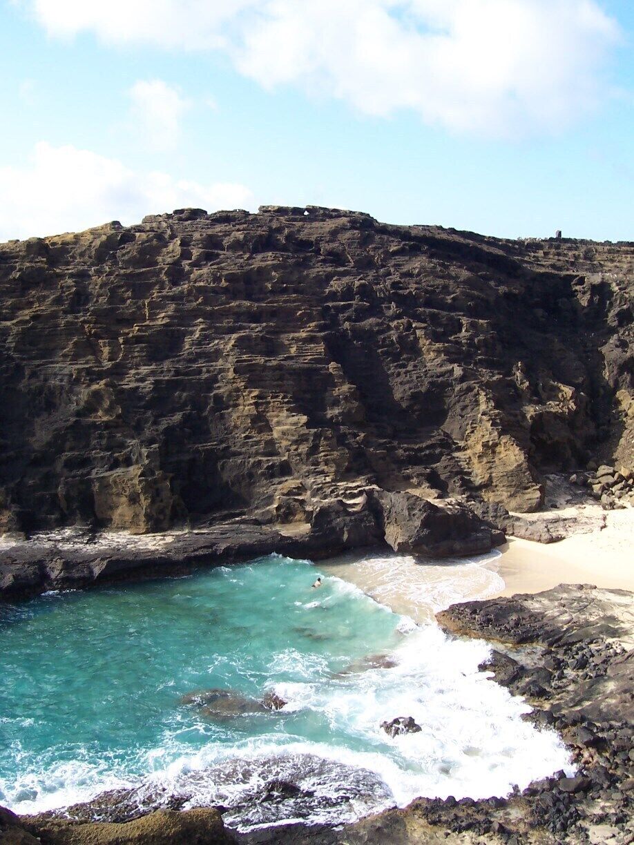 Dark, lava cliffs near Maunalua Bay.