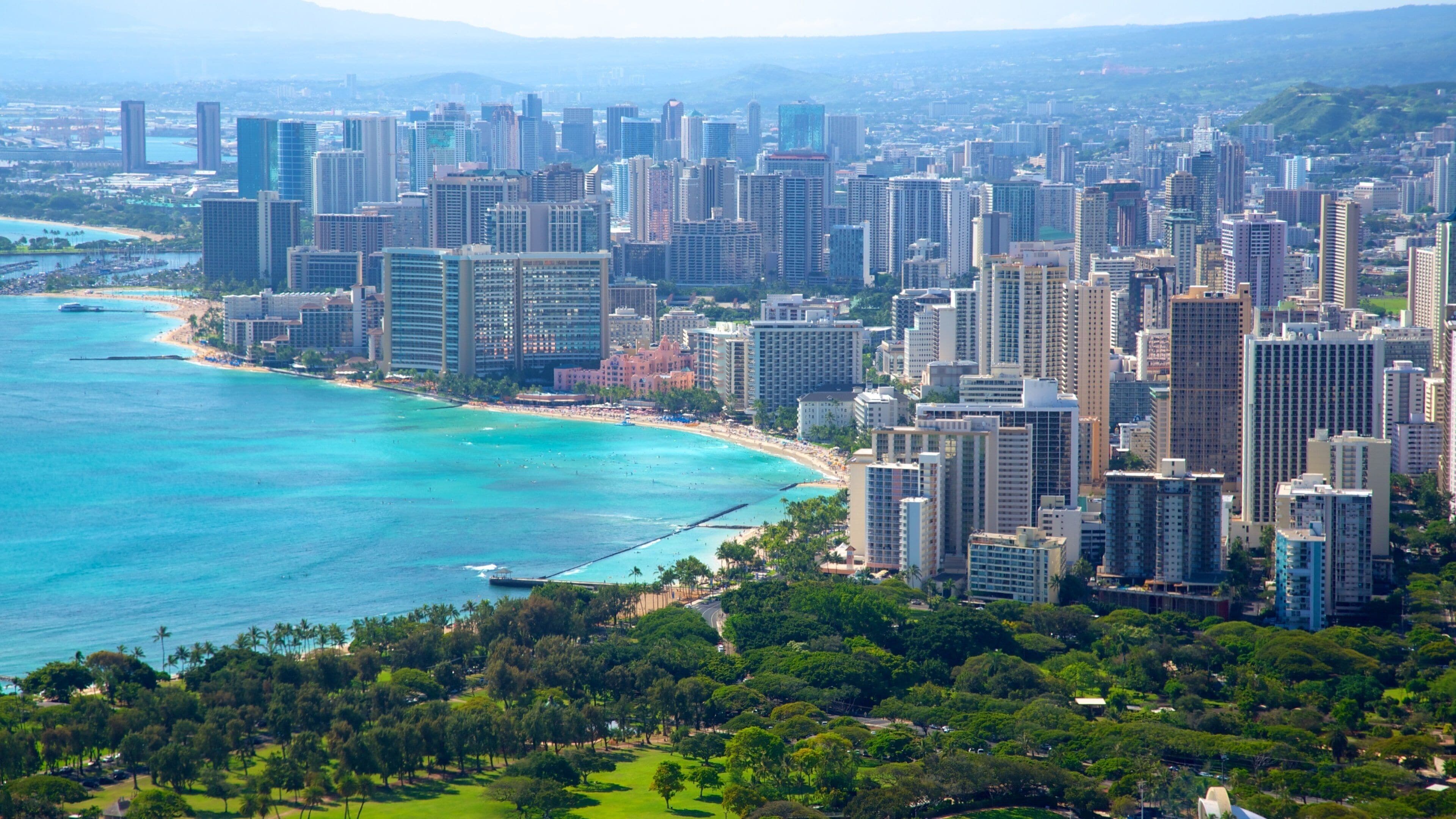 Honolulu which includes tropical scenes, a high rise building and a city