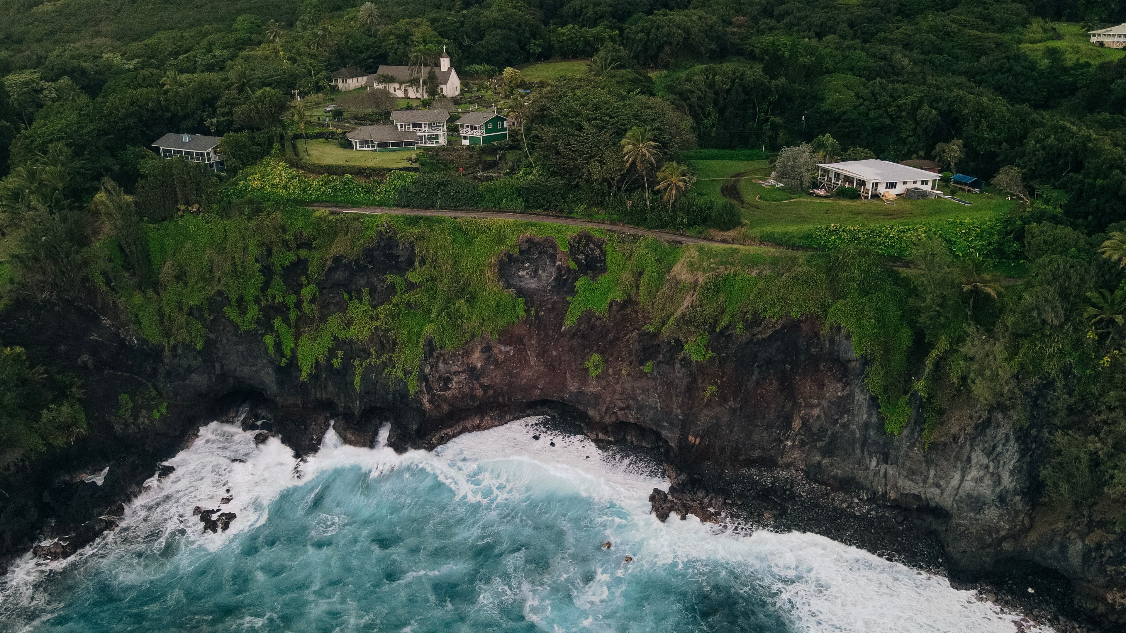 aerial Red Sand Beach in hana, maui, hawaii.