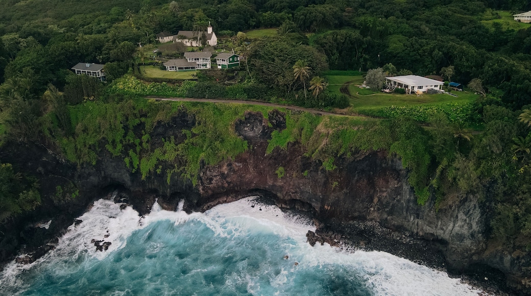 aerial Red Sand Beach in hana, maui, hawaii.