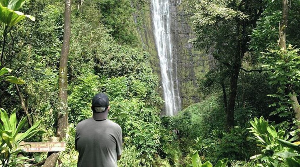 After a 2 mile walk through the 7 Sacred Pools of Ohe'o and a bamboo forest you finally stumble upon the Waimoku Falls. This is my husband taking in the beauty of the moment. Unforgettable.