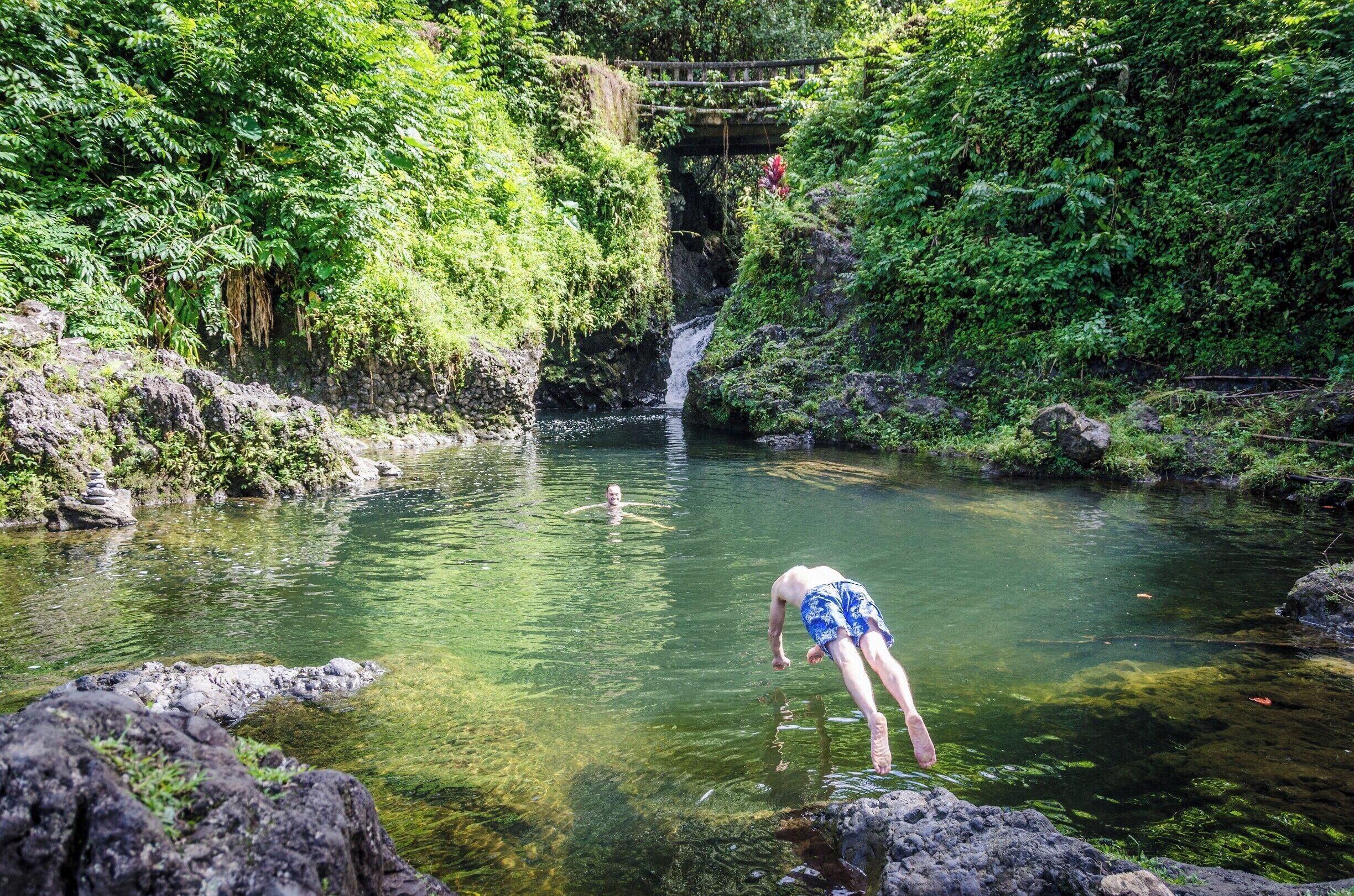 A clear river with a waterfall, surrounded by lush greenery and rocks.