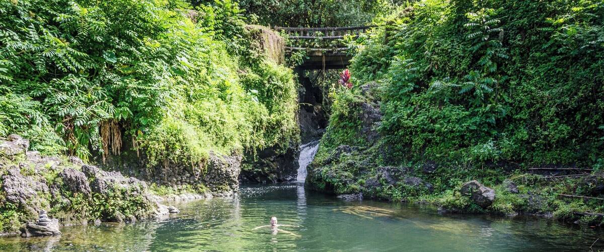 A clear river with a waterfall, surrounded by lush greenery and rocks.