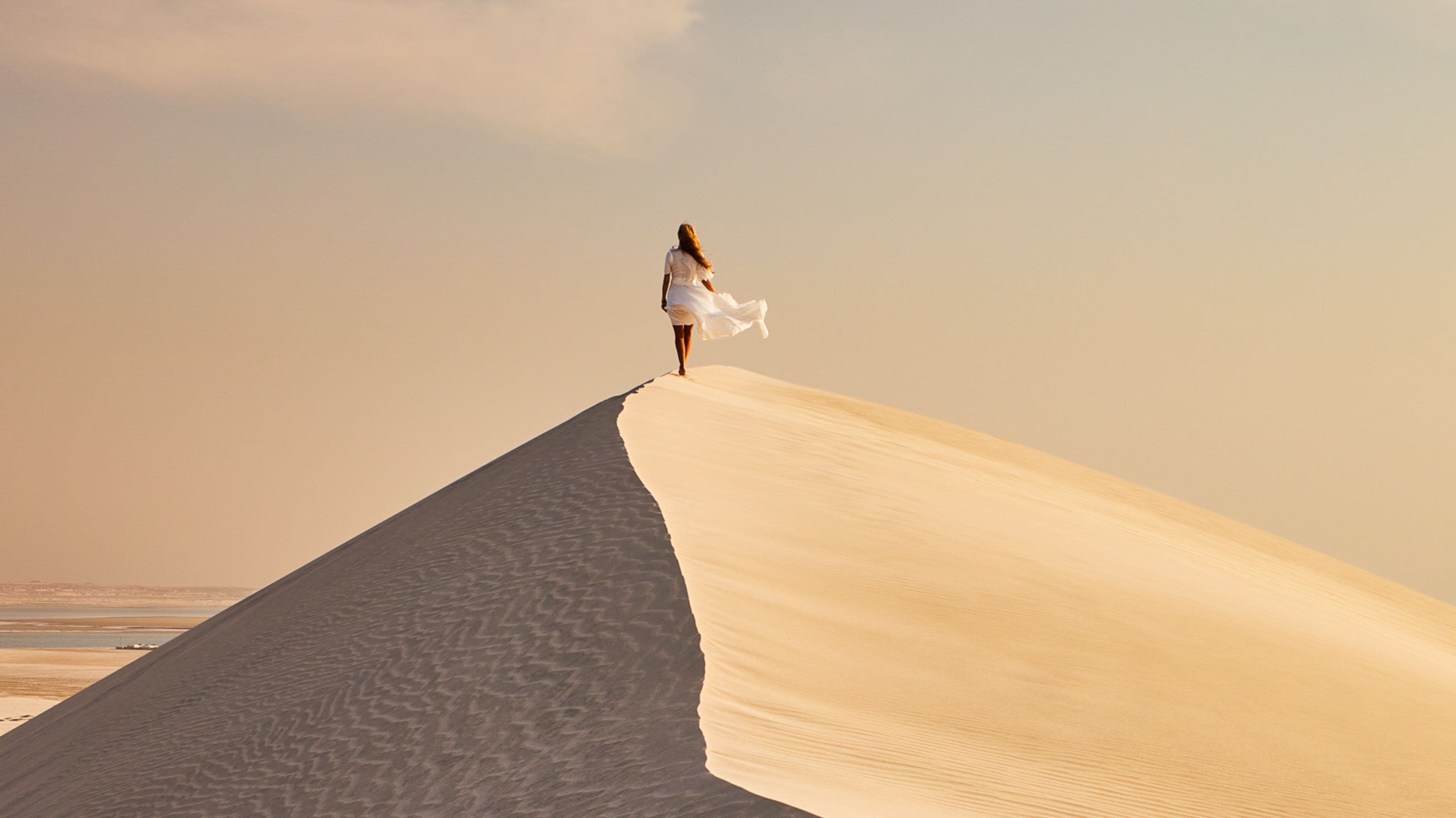 Eine Person steht auf einer Sanddüne, im Hintergrund erstreckt sich eine weite Wüstenlandschaft.