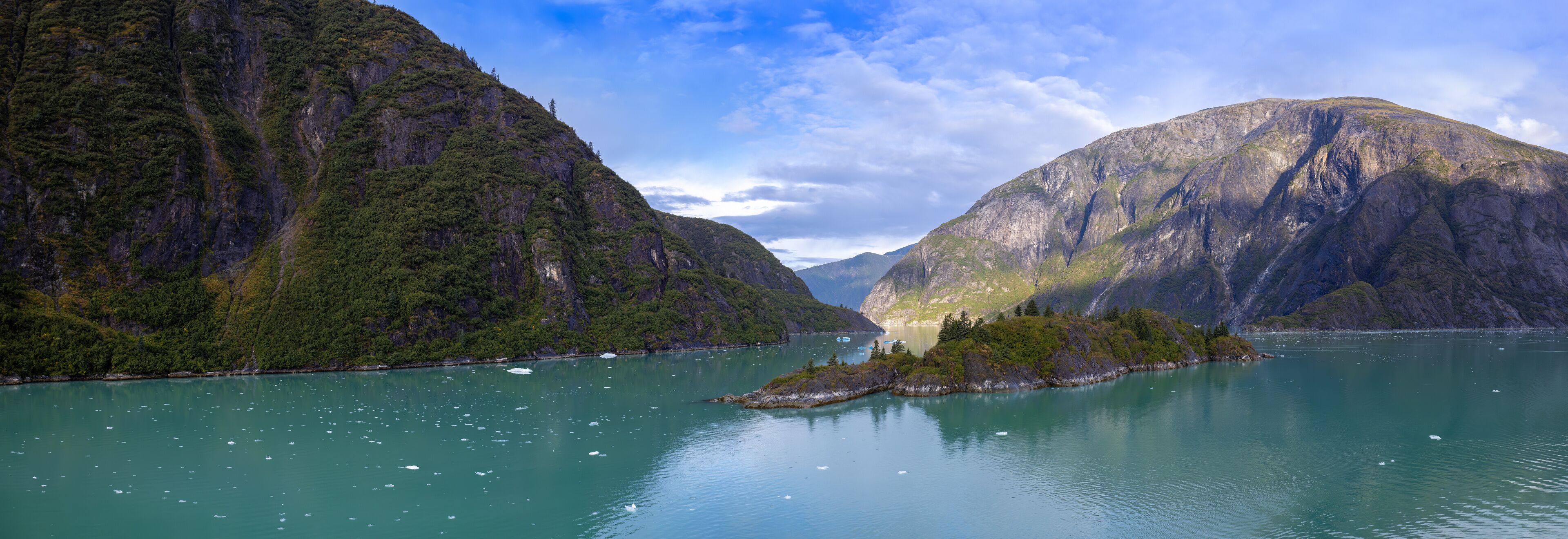 A fjord with steep cliffs and a small island in the center.