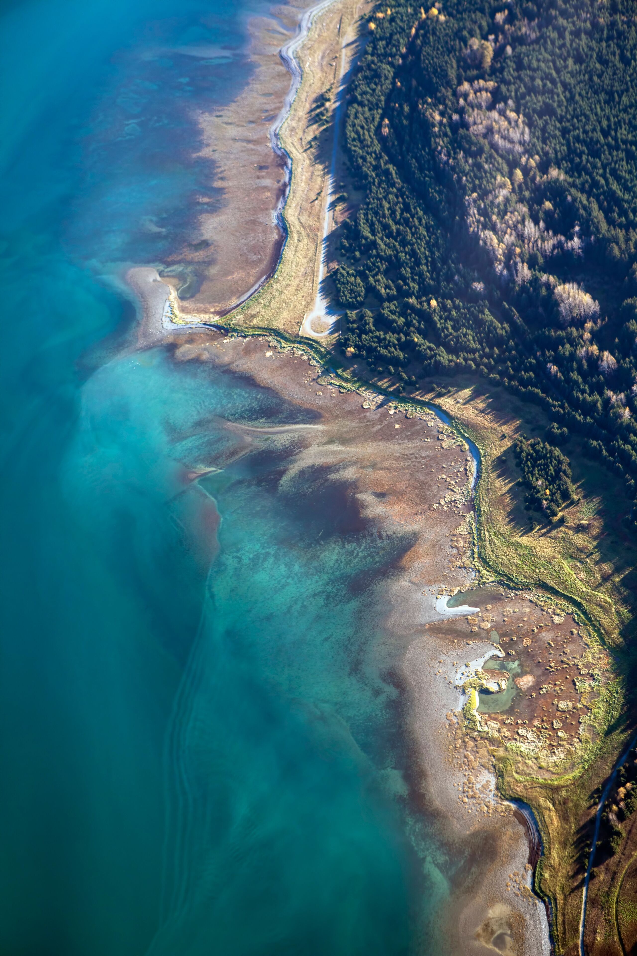 Un paisaje costero con aguas azul turquesa, una playa arenosa y una densa zona boscosa.