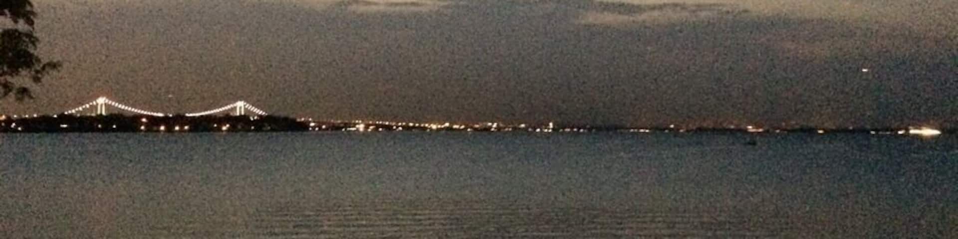 Bass fishin, Beautiful night on the water . Enjoying the view of the throgs neck bridge .