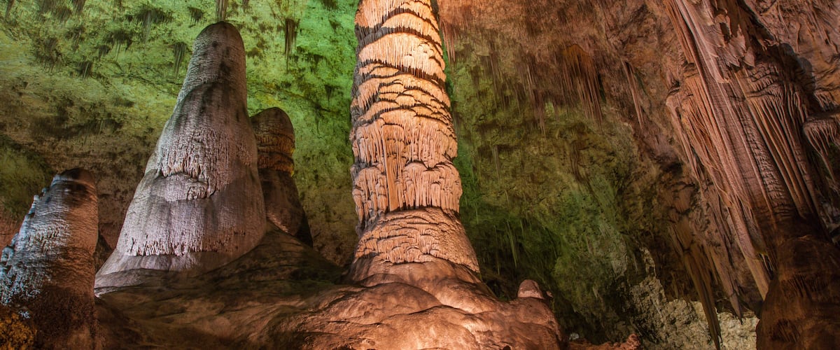 A cave with stalactites and stalagmites.