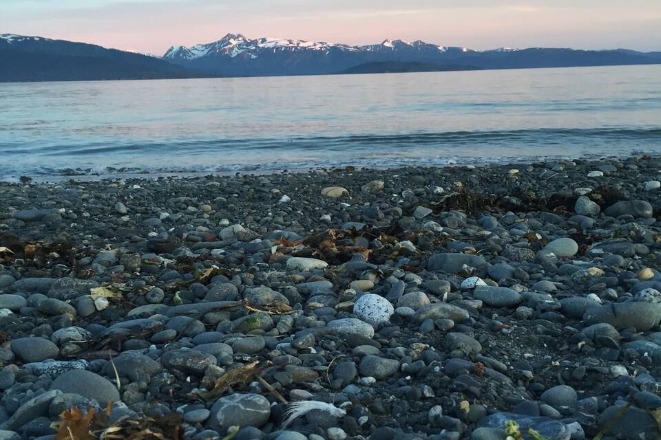 A pebbly shore with a calm lake and snow-capped mountains in the distance.