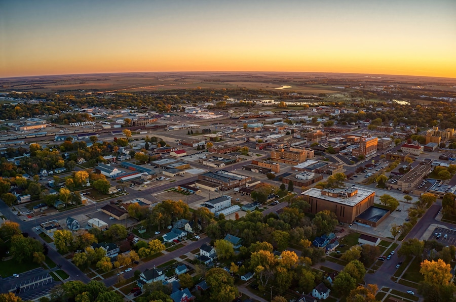 Aerial View of Huron, South Dakota at Sunrise in Autumn