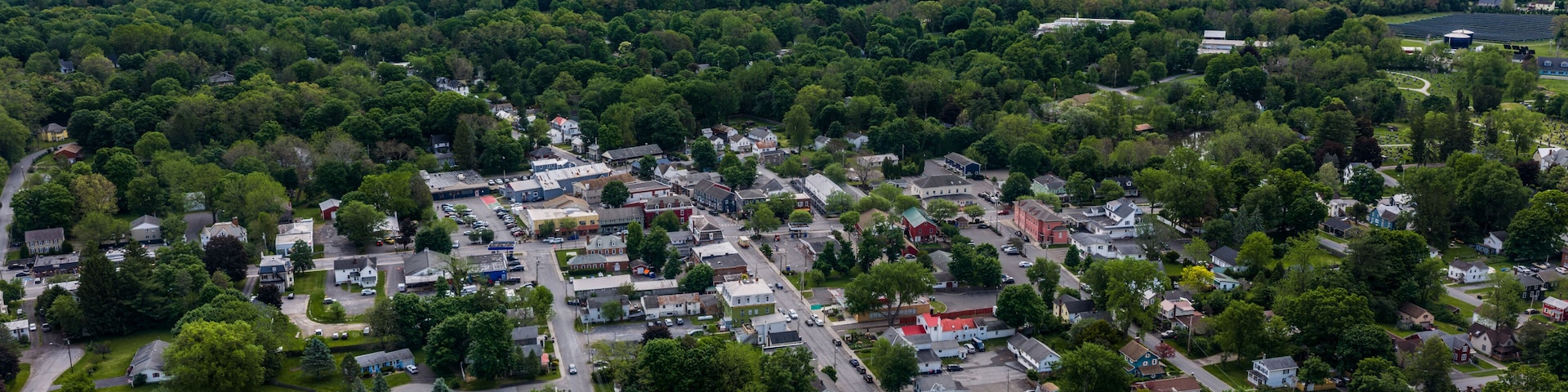 Eine Stadt, umgeben von dichten WÀldern, mit einer Mischung aus Wohn- und GeschÀftshÀusern.