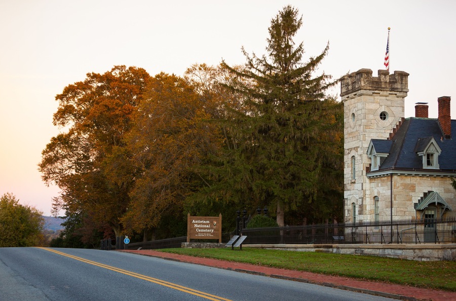 Entrance Sign "Antietam National Cemetery" at a Road in Sharpsburg, Maryland, USA