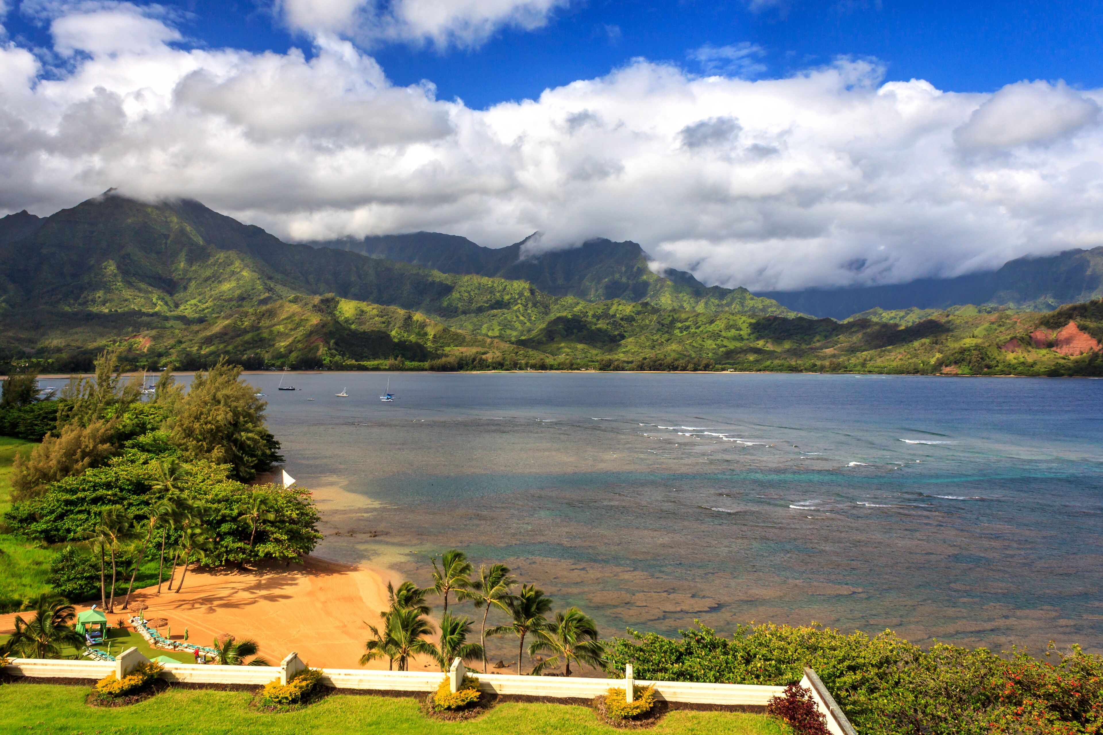 A tropical beach with clear waters, palm trees, and mountains in the background.