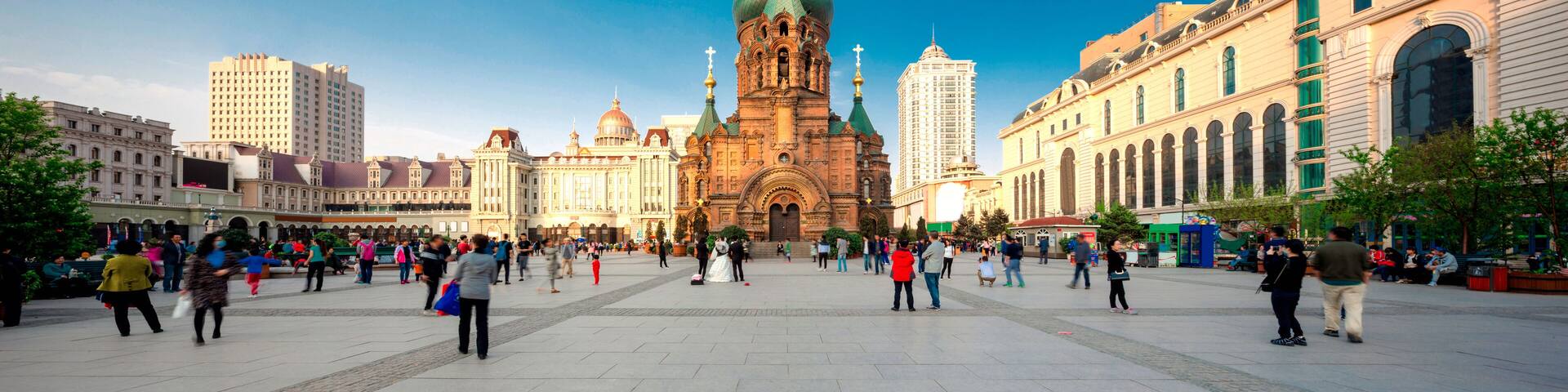 famous harbin sophia cathedral in blue sky from square